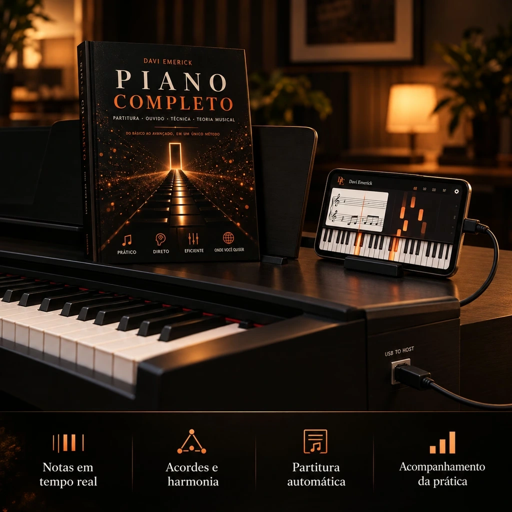 Livro Piano Completo de Davi Emerick ao lado da plataforma digital de piano, sobre um teclado