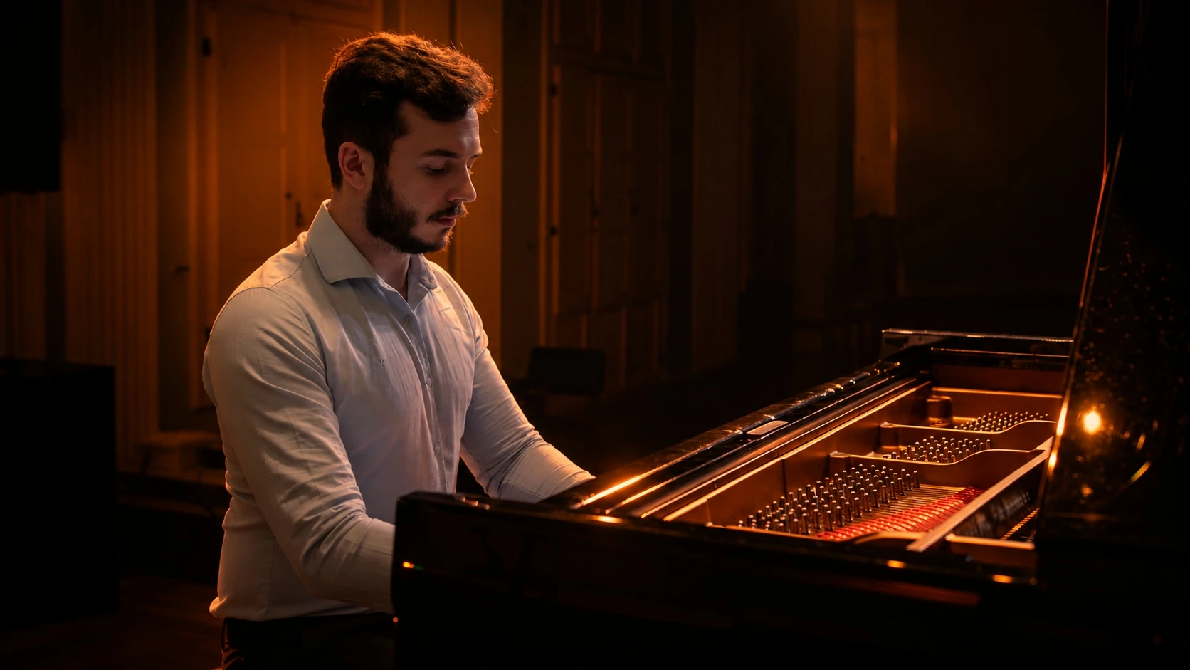 Davi Emerick tocando piano de cauda em uma sala de concerto