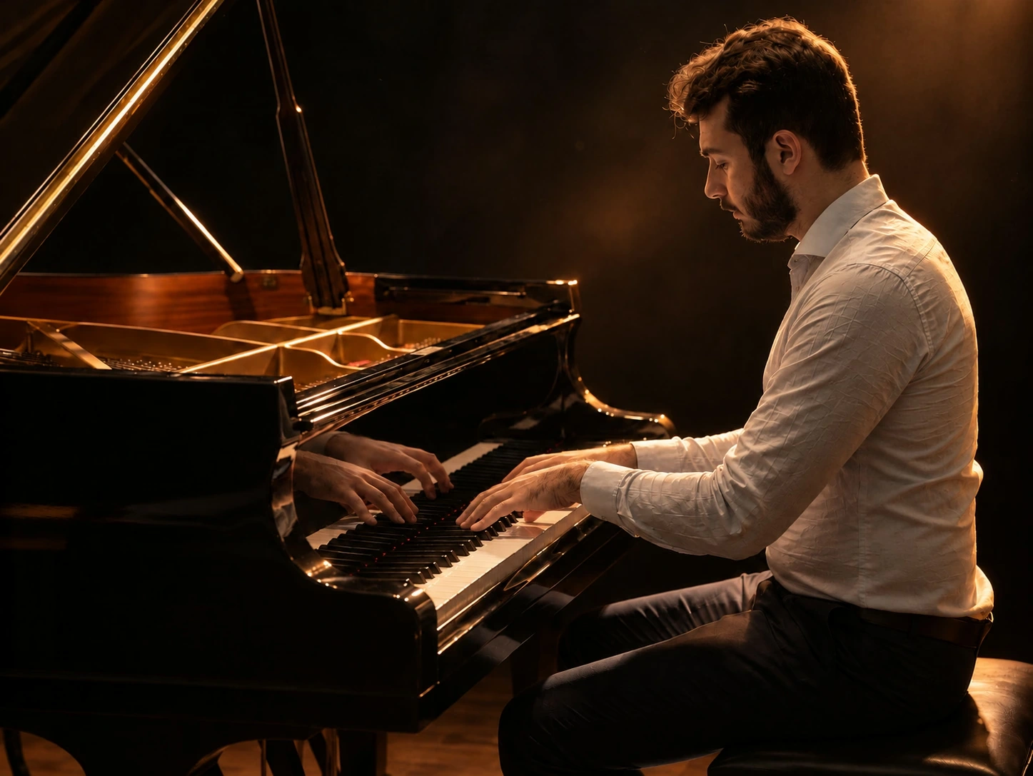 Davi Emerick tocando piano de cauda sob iluminação âmbar